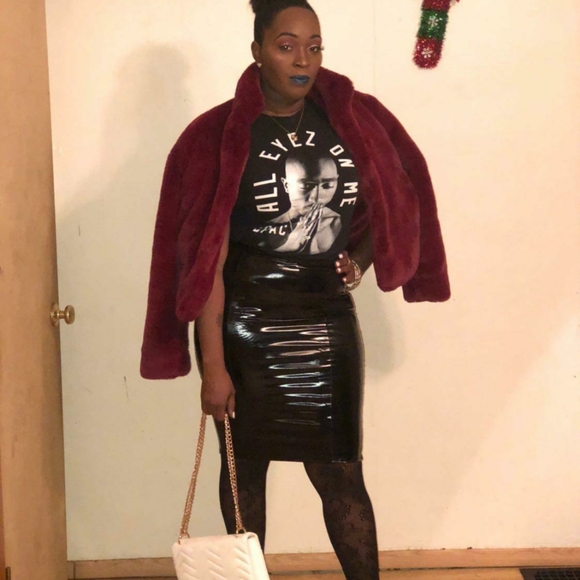 High Waist Black Liquid Latex Fitted Midi Skirt - Picture 2 of 8